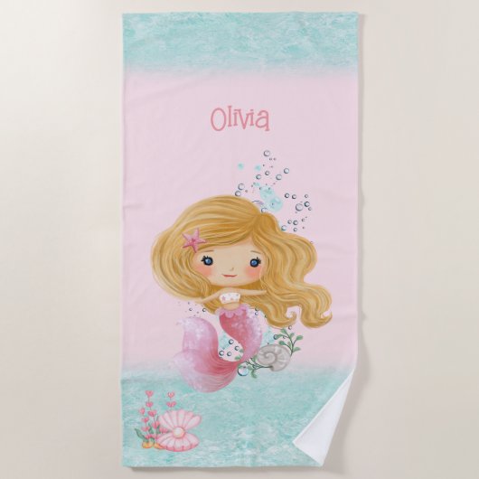マーメイドピンクブルーブロンドヘアガールネームビーチタオル ビーチタオル (正面)