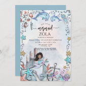 マーメイドピンクブルー誕生日パーティー 招待状 (正面/裏面)