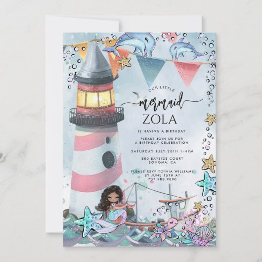 マーメイドピンクブルー誕生日パーティー 招待状 (正面)
