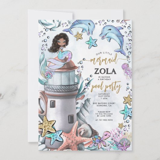 マーメイドピンクブルー誕生日プールパーティー 招待状 (正面)