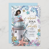 マーメイドピンクブルー誕生日プールパーティー 招待状 (正面/裏面)