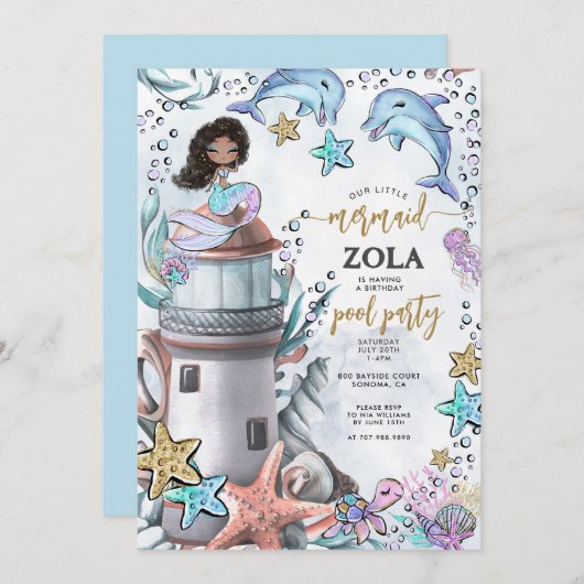 マーメイドピンクブルー誕生日プールパーティー 招待状 (正面/裏面)