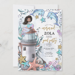 マーメイドピンクブルー誕生日プールパーティー 招待状