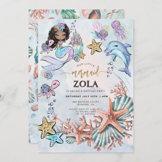 マーメイドピンクブルー誕生日招待状 招待状 (正面/裏面)