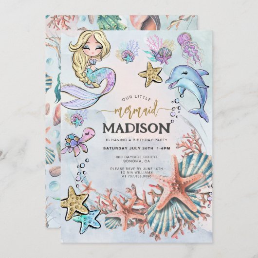 マーメイドピンクブルー誕生日招待状 招待状 (正面/裏面)