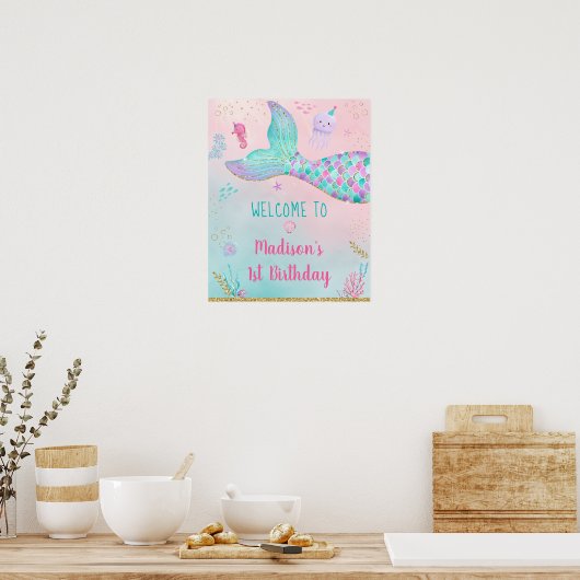 マーメイドピンク金ゴールドアンダーザシー誕生日歓迎 ポスター (キッチン)