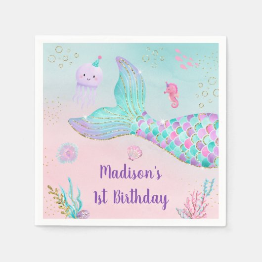 マーメイドピンク金ゴールドアンダーザシー誕生日 スタンダードカクテルナプキン (正面)