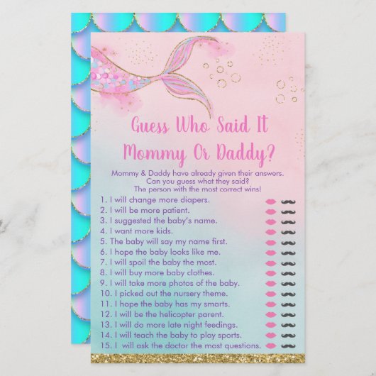 マーメイドピンク金ゴールドママまたはパパ赤ちゃんシャワーゲーム (正面/裏面)