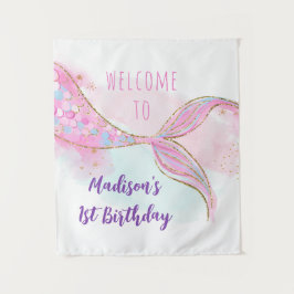 マーメイドピンク金ゴールド誕生日背景 タペストリー