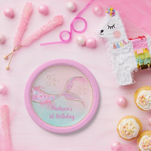 マーメイドピンク金ゴールド誕生日 ペーパープレート (パーティー)