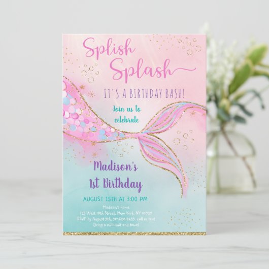 マーメイドピンク金ゴールド誕生日 招待状 (スタンド正面)