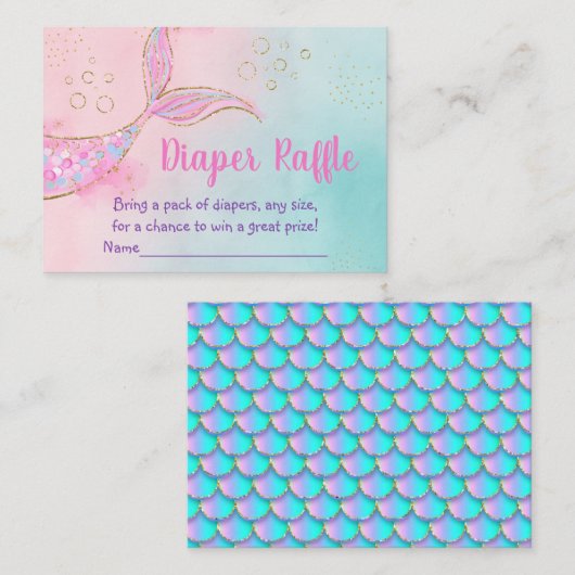 マーメイドピンク金ゴールド赤ちゃんシャワーおむつラッフル エンクロージャーカード (正面/裏面)