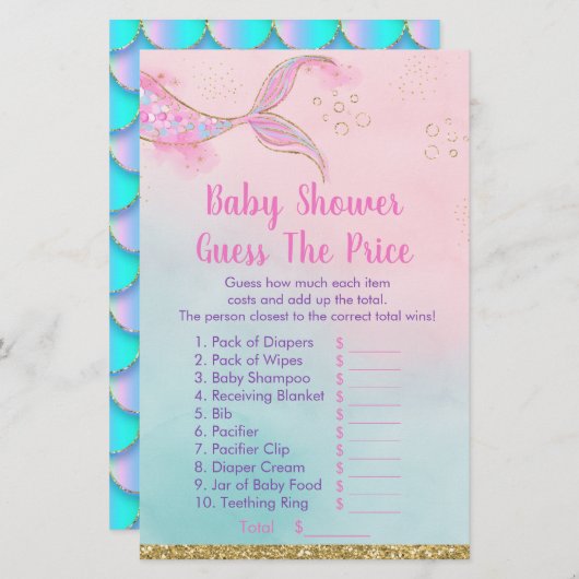 マーメイドピンク金ゴールド赤ちゃんシャワー価格ゲームを推測 (正面/裏面)