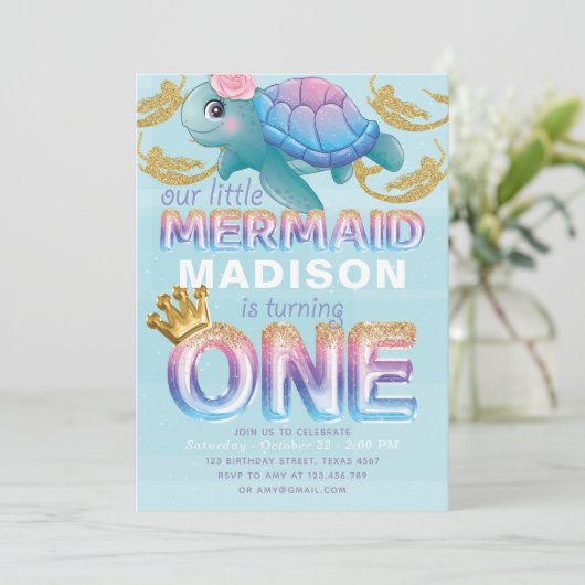 マーメイドファースト誕生日ピンクブルー金ゴールドグリッター 招待状 (スタンド正面)