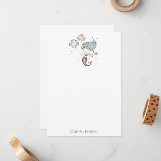 マーメイドフィッシュの文房具パーソナライズされた ノートカード (正面/裏面インサイチュ)