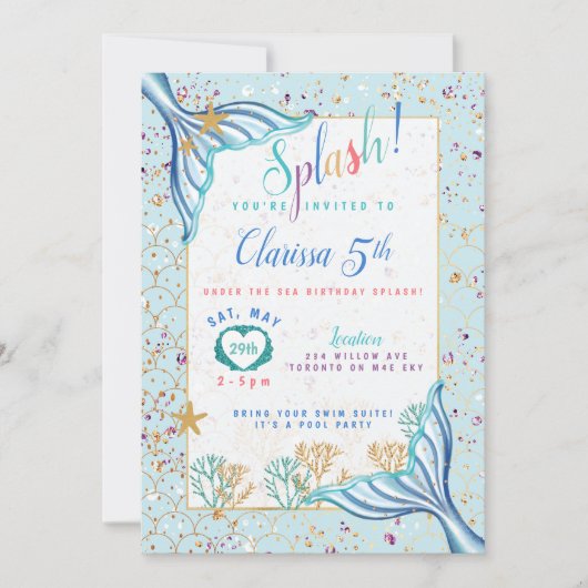 マーメイドフィンアンダーザシーティール（緑がかった色）誕生日招待状 招待状 (正面)