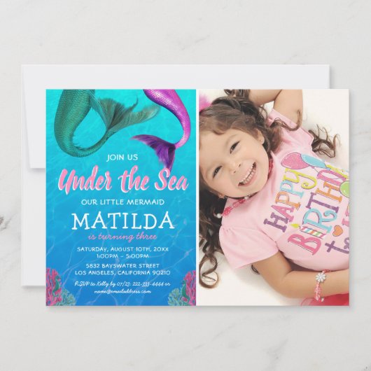 マーメイドフォトザシープール誕生日 招待状 (正面)