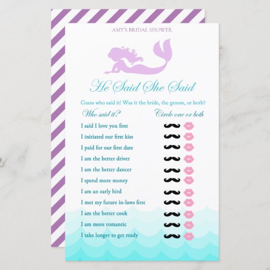 マーメイドブライダルシャワーゲーム – 彼は彼女が言った (正面/裏面)