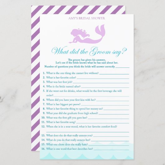 マーメイドブライダルシャワーゲーム – 新郎は何と言った (正面/裏面)