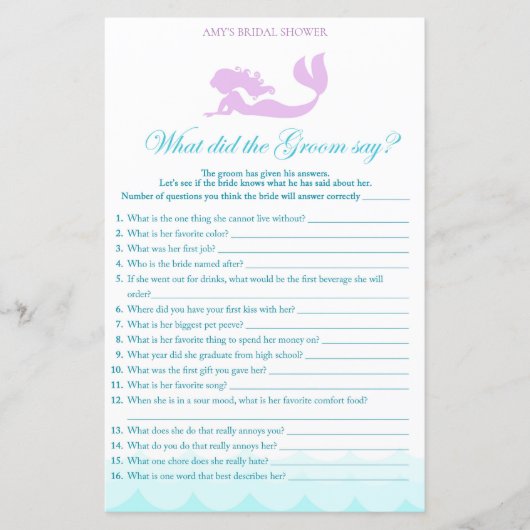 マーメイドブライダルシャワーゲーム – 新郎は何と言った (正面)