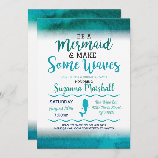 マーメイドブライダルシャワー招待状ティール（緑がかった色）バチェロレッテ 招待状 (正面/裏面)