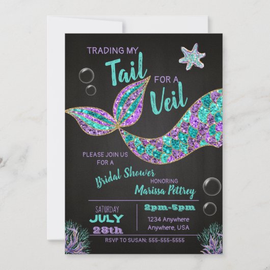 マーメイドブライダルシャワー招待、グリッターチョーク 招待状 (正面)