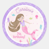 マーメイドブラウンヘアシークリージャーパープル誕生日 ラウンドシール (正面)