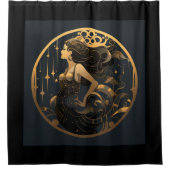 マーメイドブラックと金ゴールドアールデコシャワーカーテン シャワーカーテン (正面)