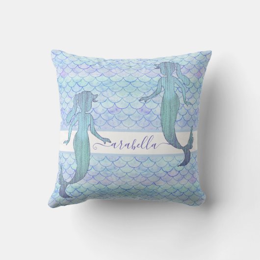マーメイドブルーパープルウォーターカラーフィッシュスケール名 クッション (裏面)