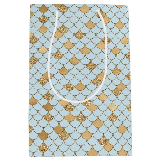 マーメイドブルー金ゴールドグリッタースパークル ミディアムペーパーバッグ (正面)