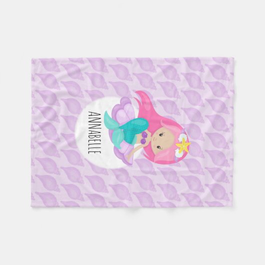 マーメイドプリンセスガールキッズかわいいパープルシーシェル フリースブランケット (正面(横))