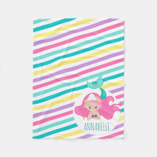 マーメイドプリンセスキッズピンクパープルブルーストライプズ フリースブランケット (正面)