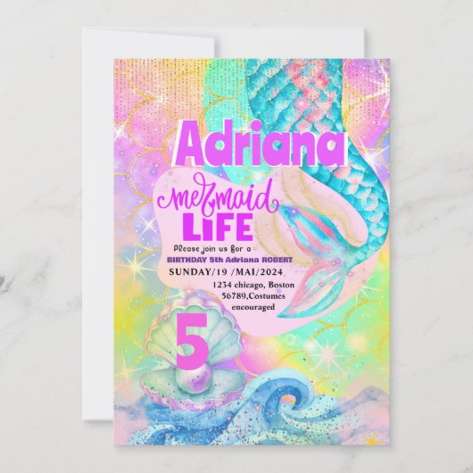 マーメイドプールシーパーティーピンクスパークルグリッター 招待状 (正面)