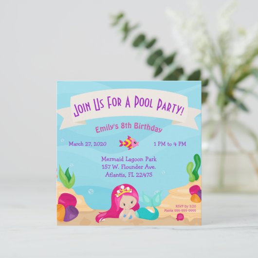 マーメイドプールパーティの招待状カスタム誕生日 招待状 (スタンド正面)