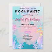マーメイドプールパーティーガール誕生日招待状 招待状 (正面)