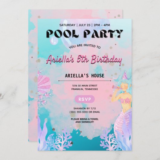 マーメイドプールパーティーガール誕生日招待状 招待状 (正面/裏面)
