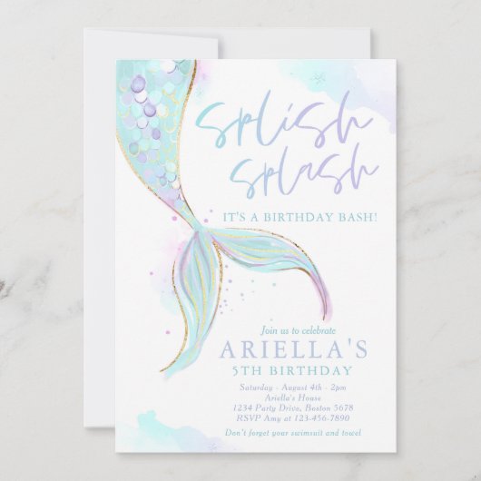 マーメイドプールパーティーサマープールバースデーパーティー 招待状 (正面)