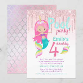 マーメイドプールパーティーパープルピンクシルバーグリッターガール 招待状
