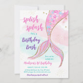 マーメイドプールパーティーピンクパープル誕生日 招待状 (正面)
