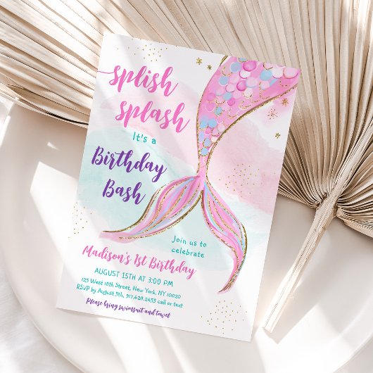 マーメイドプールパーティーピンクパープル誕生日 招待状