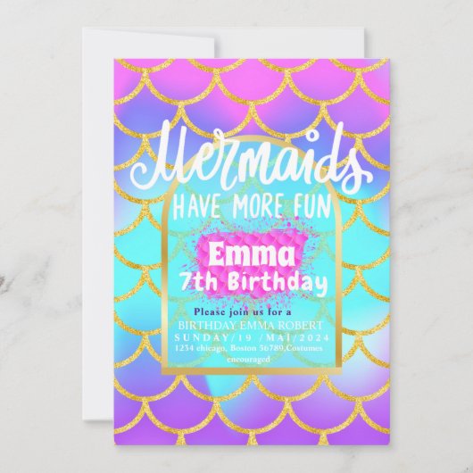 マーメイドプールパーティーピンクマーメイド誕生日 招待状 (正面)