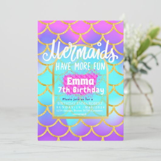 マーメイドプールパーティーピンクマーメイド誕生日 招待状 (スタンド正面)