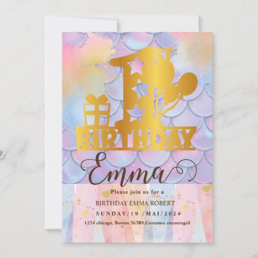 マーメイドプールパーティーピンクマーメイド1歳 招待状 (正面)