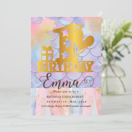 マーメイドプールパーティーピンクマーメイド1歳 招待状 (スタンド正面)