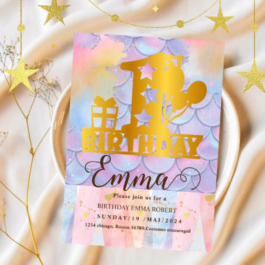 マーメイドプールパーティーピンクマーメイド1歳 招待状