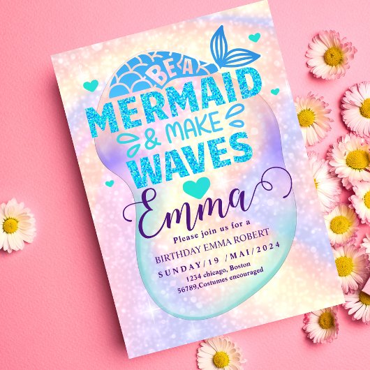 マーメイドプール海パーティーピンクの誕生日ブライト 招待状
