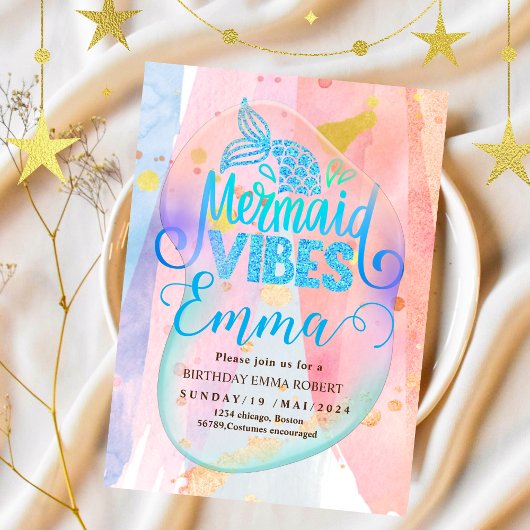 マーメイドプール海パーティーピンクマーメイド誕生日 招待状