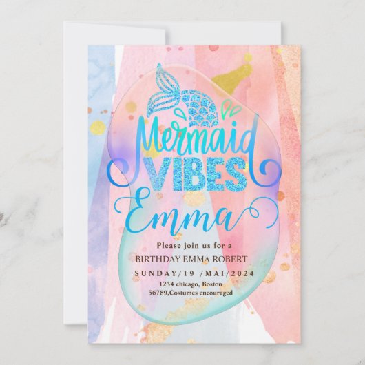 マーメイドプール海パーティーピンクマーメイド誕生日 招待状 (正面)