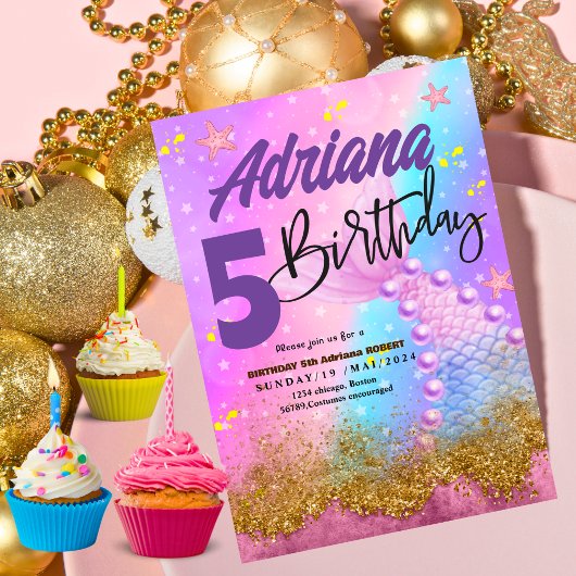 マーメイドプール海パーティー紫色の誕生日ブライト 招待状