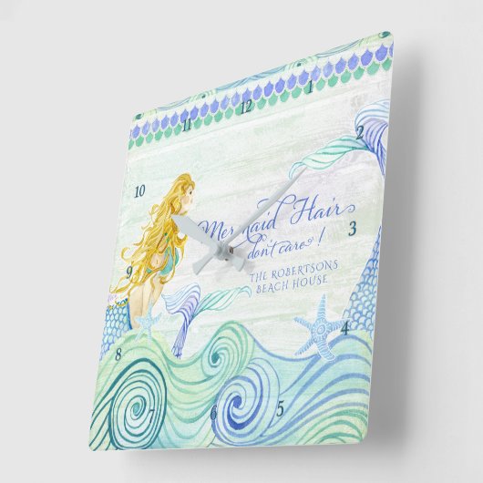 マーメイドヘアビーチハウスウォパーソナライズされたーターカラー スクエア壁時計 (傾斜)